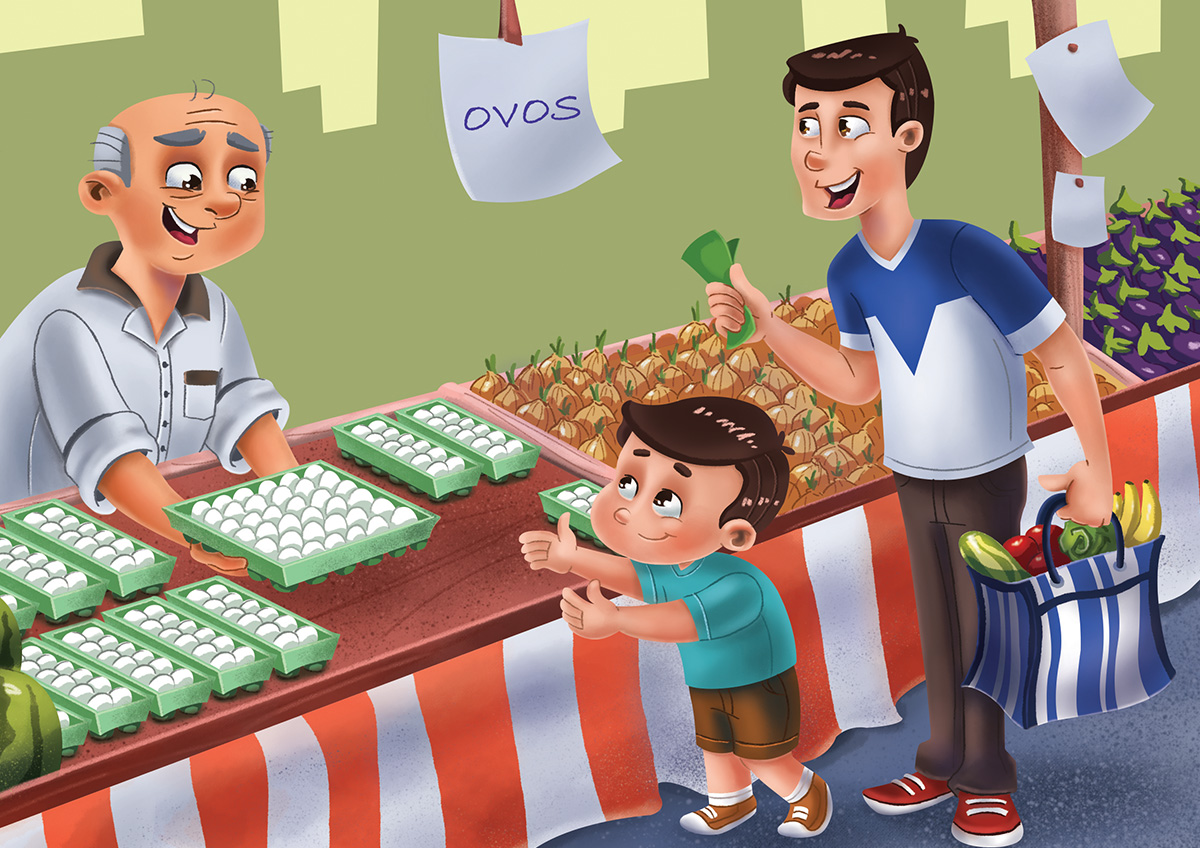 Ilustração didática feira livre para livro de matemática 3º ano.