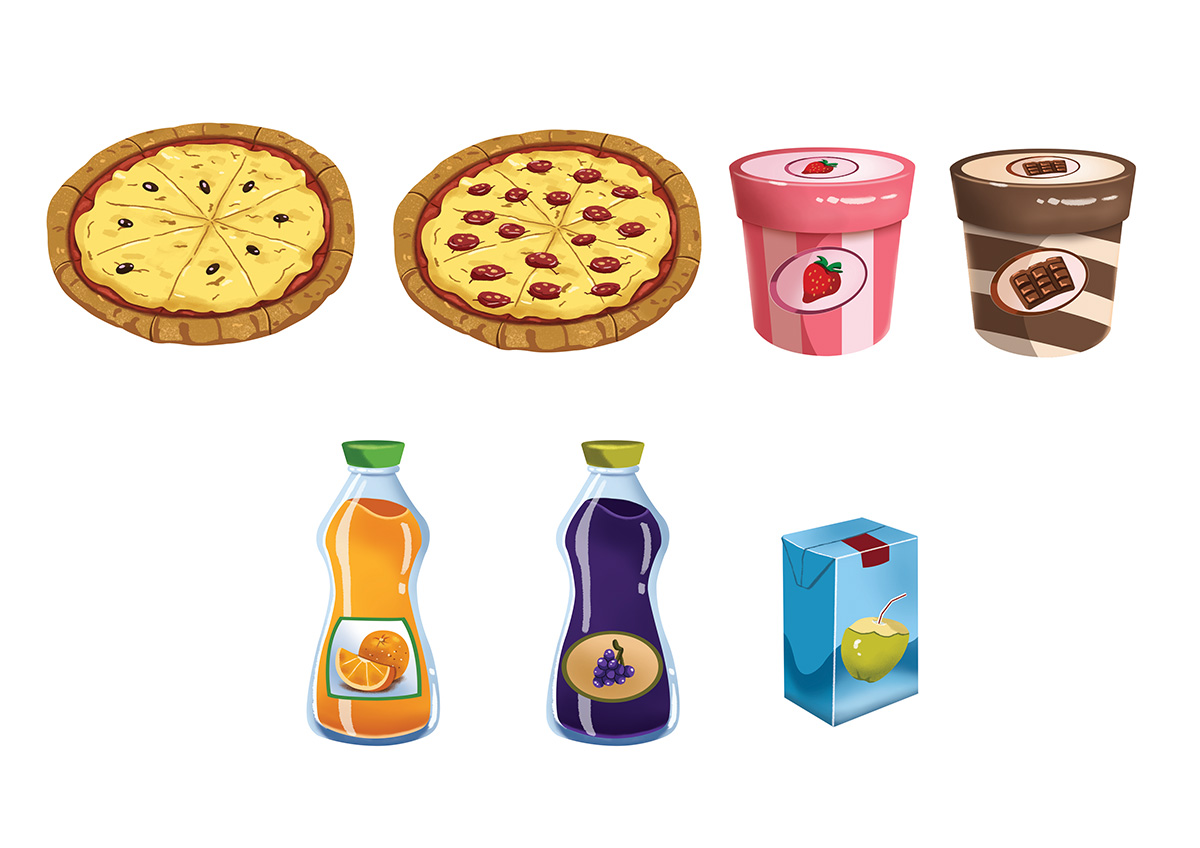Ilustração Didática - Pizza - Sorvete - Suco - Água de Coco