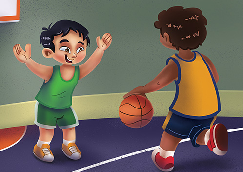 Crianças jogando basquete em quadra da escola
