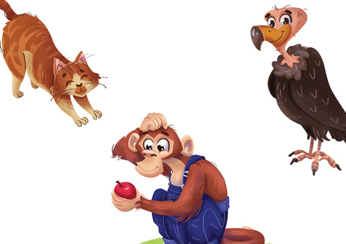 Ilustração didática gato, macaco e urubu