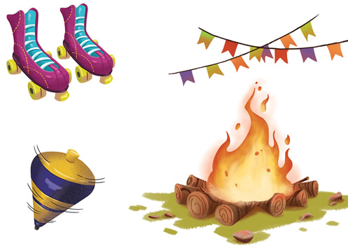Ilustração Didática - Patins, pião e festa junina